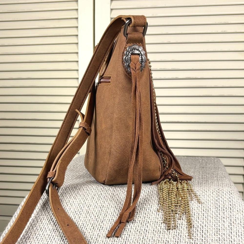 Montana West Brown Crossbody Modernist Fringe Purse Turquoise Concho Chain Bag - Picture 3 of 7